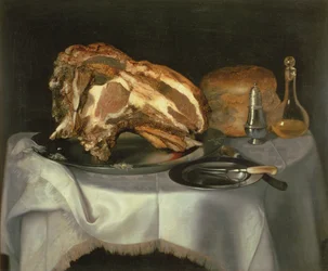 Nature morte avec morceau de bœuf sur un plat en étain